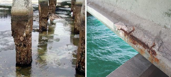 Результат долгого нахождения армированного бетона в морской воде